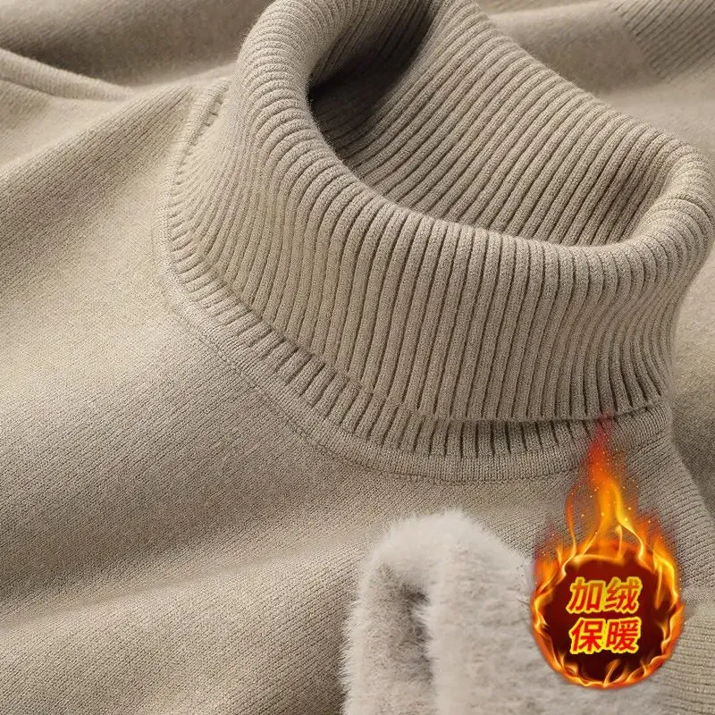 Color: Beige, Size: XXL - Autumn Winter Men's Turtleneck Sweater Knitted Velvet Warm Long Sleeve Pullover Outdoor Cold-proof Casual Blouse Base Sweater