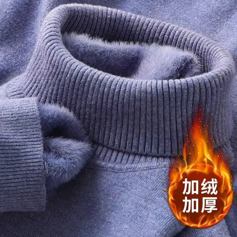 Color: Beige, Size: XXL - Autumn Winter Men's Turtleneck Sweater Knitted Velvet Warm Long Sleeve Pullover Outdoor Cold-proof Casual Blouse Base Sweater