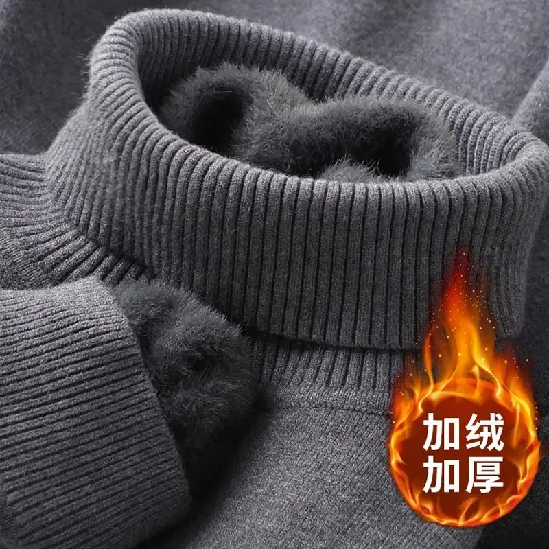Color: Beige, Size: XXL - Autumn Winter Men's Turtleneck Sweater Knitted Velvet Warm Long Sleeve Pullover Outdoor Cold-proof Casual Blouse Base Sweater