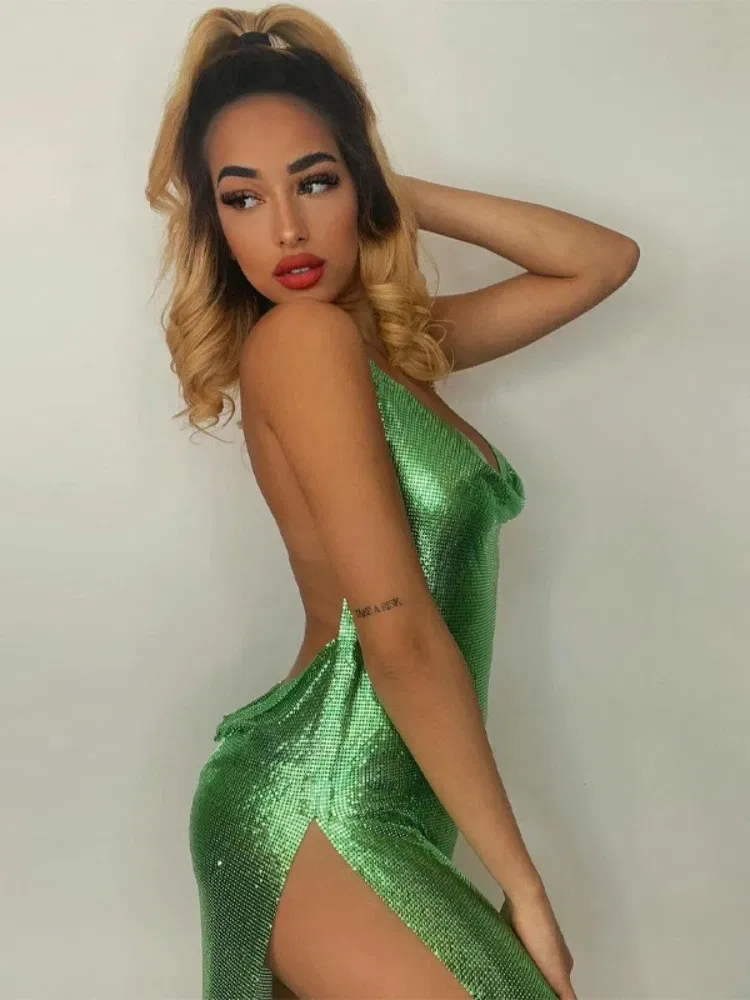 Color: Gold, Size: S - Sexy and Fashionable Women's Elegant Short Dress with Hanging Neck Backless Bottom Chest Sequin Party Girl Dance Dress