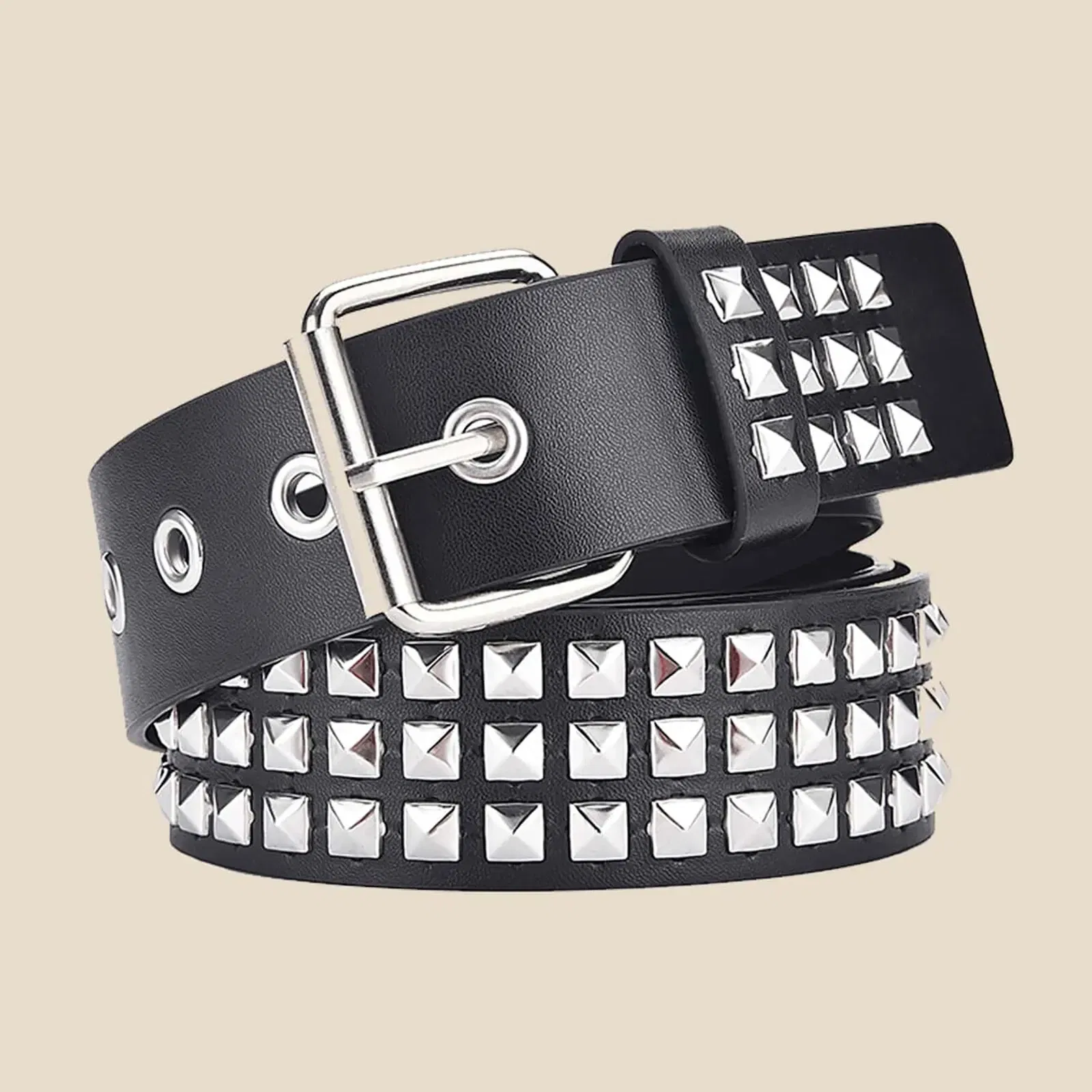 Color: khaki, Belt Length: 110cm - Fashion New Square Bead Rivet Belt Metal Pyramid Belt Men and Women Punk Hardware Jeans Belt Y2K Belt Designer Belt Women's Belt