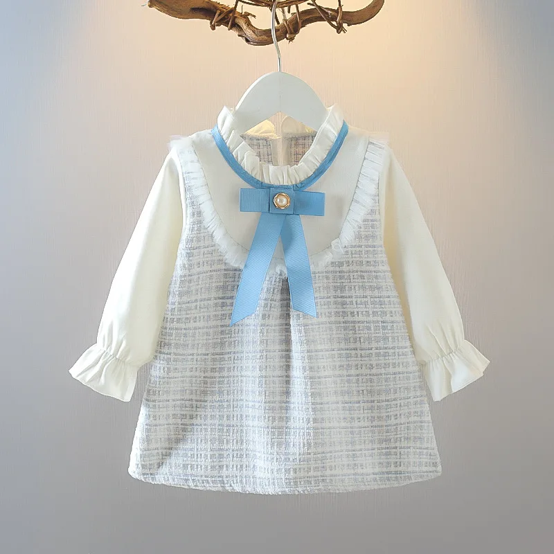 Color: Blue, Kid Size: 12M - Spring and Autumn New Baby Girl Long Sleeve Dress Fake Two Small Checkered Children's Clothes (0-3 Years Old)