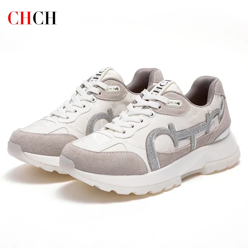 Color: Khaki, Shoe Size: 35 - CHCH Women Tennis Shoes New Leather Splicing Student Sports Shoes