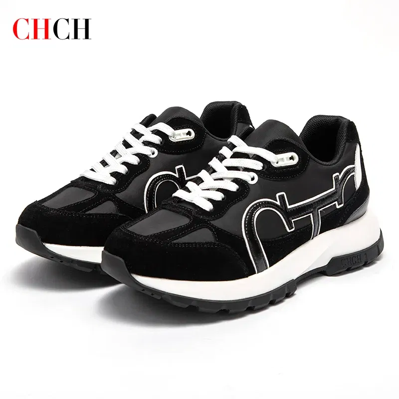 Color: Khaki, Shoe Size: 35 - CHCH Women Tennis Shoes New Leather Splicing Student Sports Shoes