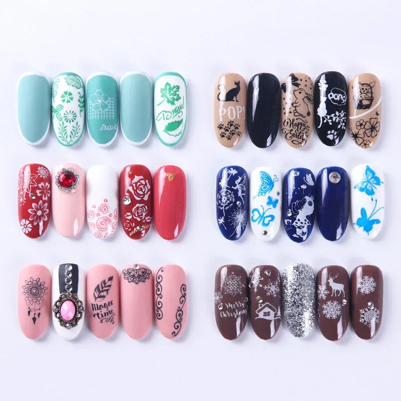 Color: SKY BLUE - 12Designs Retro Flower Butterfly Nail Art Templates Stamping Plate Snowflake Animal Lace Stamp Templates Plate Image Decor Tools