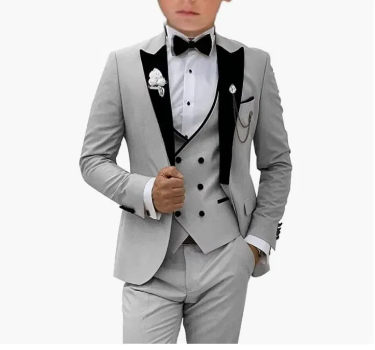 Color: GRAY, Size: M - Pink Prom Suit for Men 3 Piece Jacket Vest Pants Set Peaked Lapel Blazer Outfit Costume Birthday Party