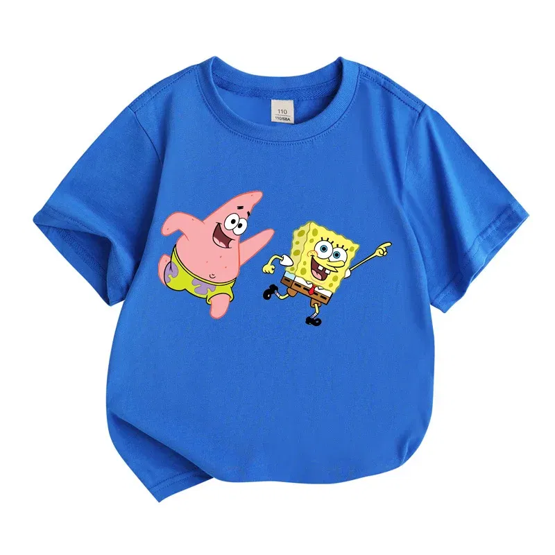 Color: Silver, Kid Size: 9T - Mr. Krabs Squidward Sandy Spongebob T-shirt 100%Cotton Children Round Neck Short-sleeved Boys Girls Fashion Kids Clothes