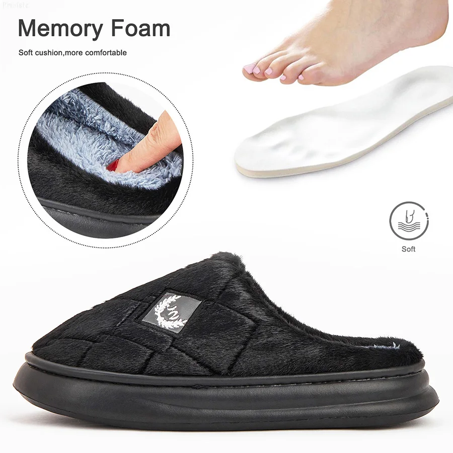 Color: black, Shoe Size: 40-41 - Men's House Slippers Furry Plaid cozy EVA Memory Foam Lightweight Casual Shoes Winter Warm Plush Non-slip Slippers big size