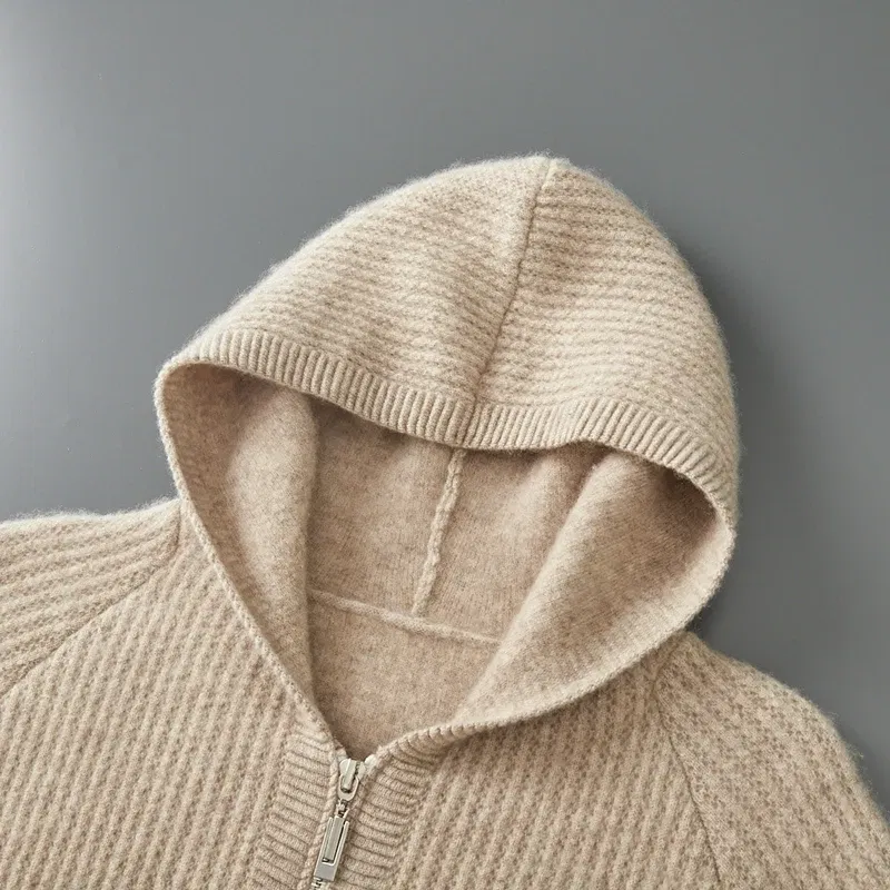 Color: Brown, Size: L, Ships From: CHINA - New Product 100% Merino Wool Knitted Cardigan For Men Hooded Sweater Casual High-end Jacket Men's long Sleeved Wool Sweater Coat
