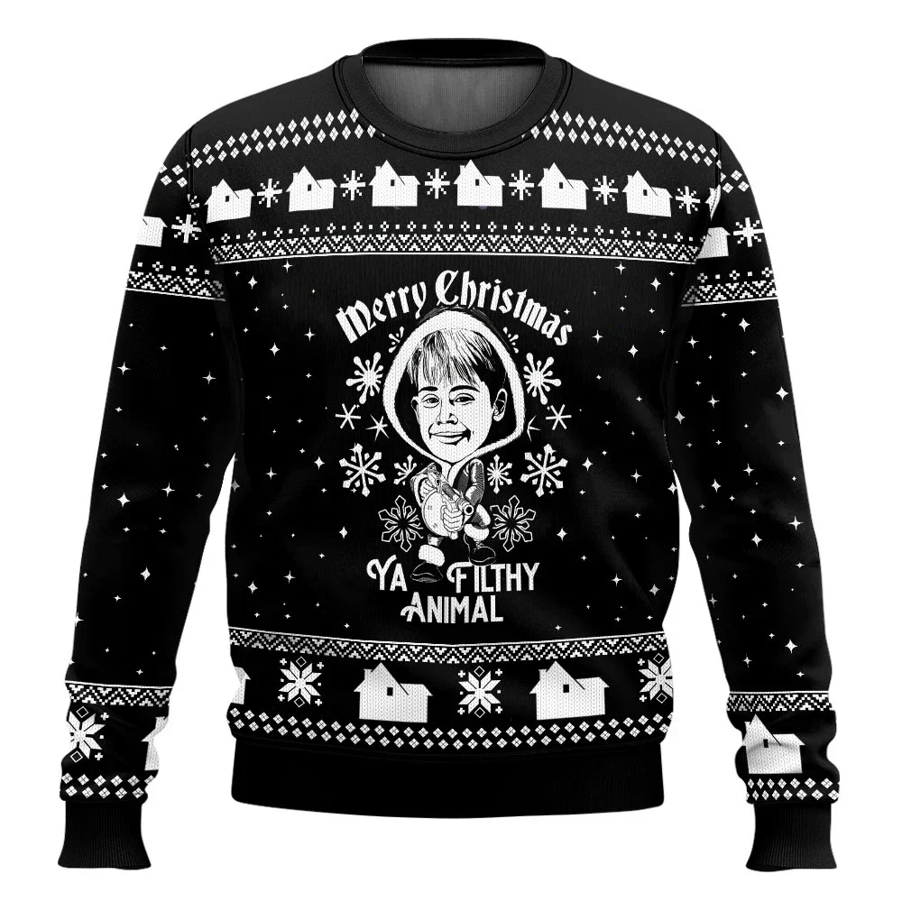 Color: Yellow, Size: M, Ships From: CHINA - Merry Christmas alone at home Ugly Christmas sweater cartoon animation Men's pullover 2026 fashionable couple shirts Sweatshirt