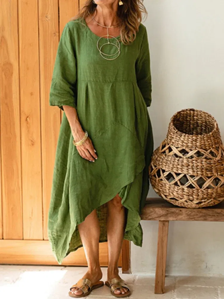 Color: SKY BLUE, Size: L - Women Autumn Summer Fashion O Neck Solid Pullover Dress Casual Loose Half Sleeve Irregular Dress Simple Linen Office Lady Dress