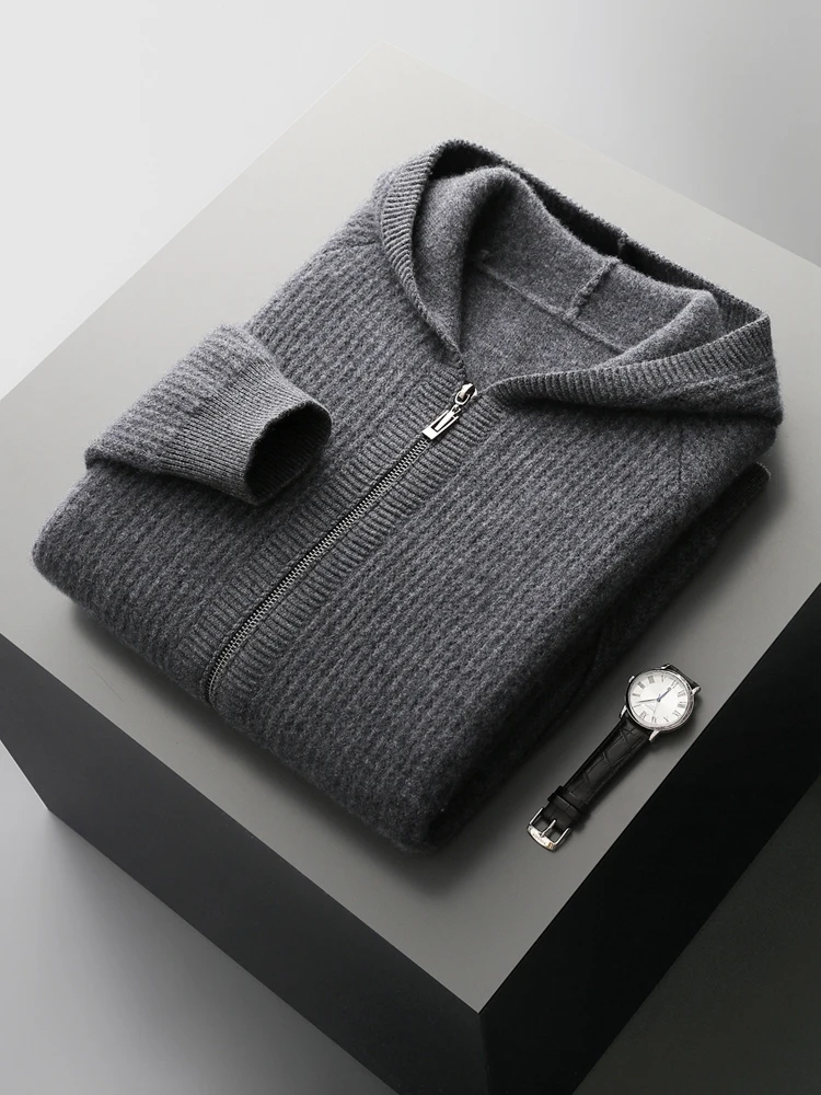 Color: Dark Grey, Size: XL - Daily Clothes Autumn Winter Sweater Men's Coat 100% Merino Wool Sweater Cardigan Knitted Jacket Thicked Hooded Outerwears Trend