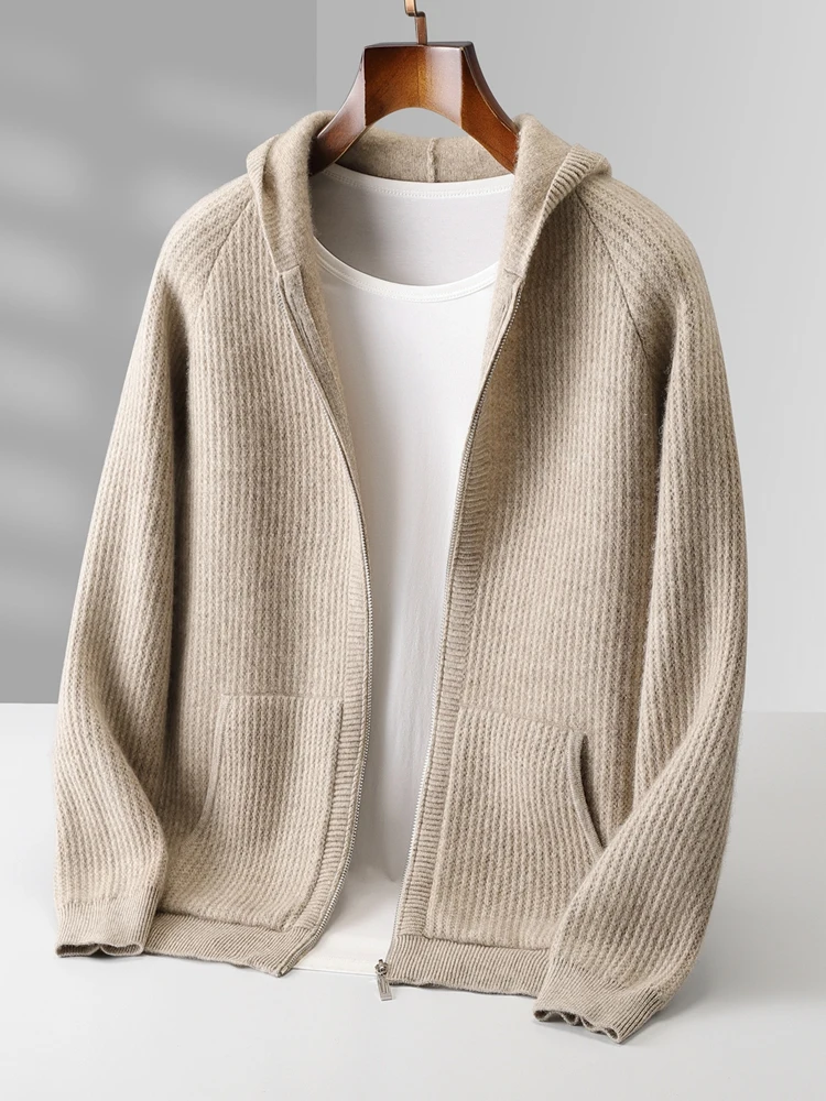 Color: Dark Grey, Size: XL - Daily Clothes Autumn Winter Sweater Men's Coat 100% Merino Wool Sweater Cardigan Knitted Jacket Thicked Hooded Outerwears Trend