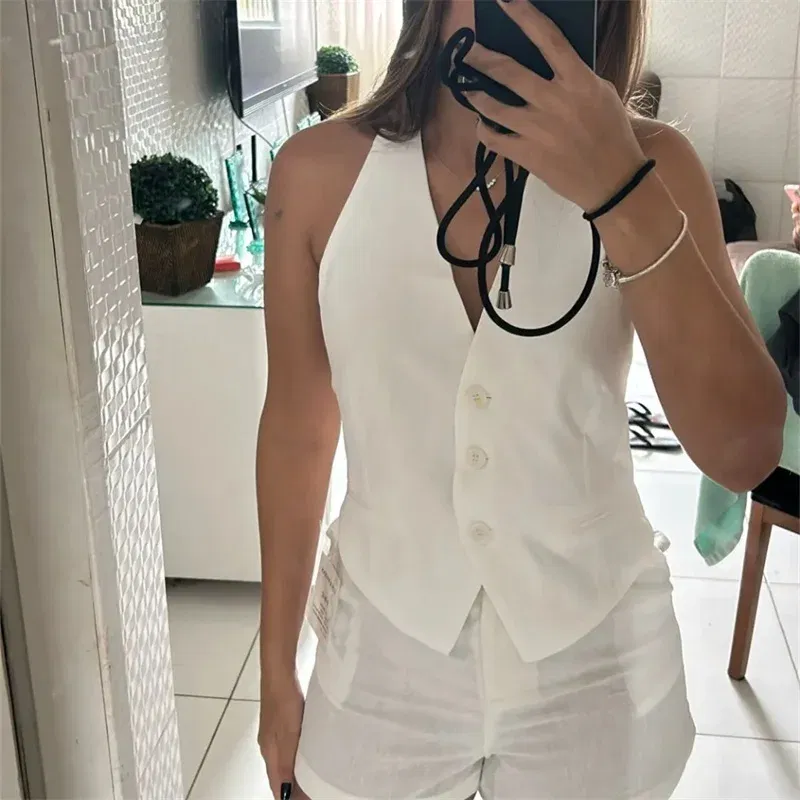 Color: black, Size: S - MUJER Off Shoulder Sleeveless Vest Women Black White Cropped Vest Woman Fashion Backless V Neck Short Coats Summer Waistcoat