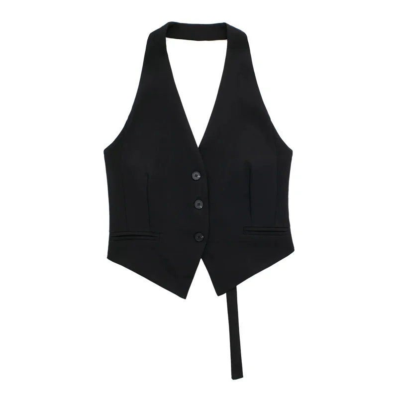 Color: black, Size: S - MUJER Off Shoulder Sleeveless Vest Women Black White Cropped Vest Woman Fashion Backless V Neck Short Coats Summer Waistcoat