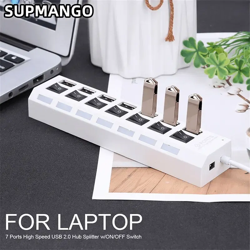 Color: WHITE - USB HUB USB Switch Hub 2.0 Adapter High Speed Multi 7 Ports Hub USB On Off Portable Splitter For Computer Laptop