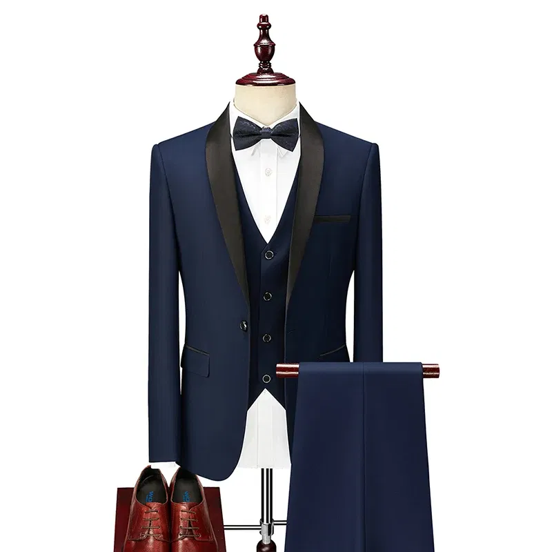 Color: Blue, Size: XL - Shenrun Men Tuxedo Slim Fit Fashion Suit Wedding Shawl Lapel 3 Pieces Skinny Single Breasted Jacket Party Prom Singer Costume