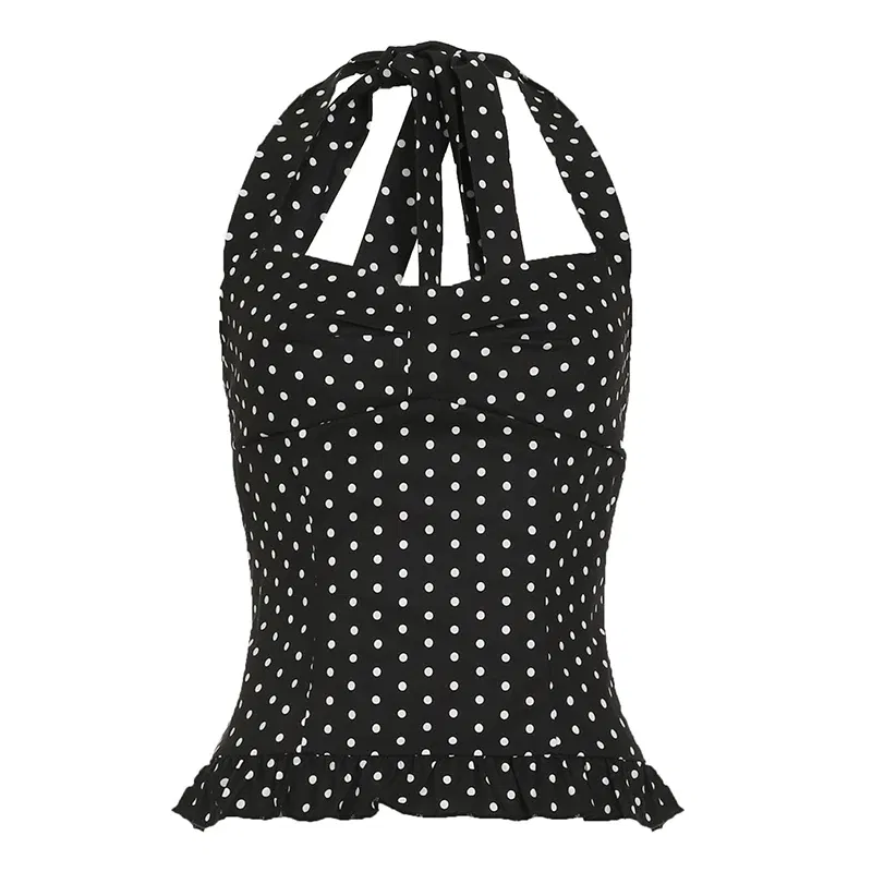 Color: WHITE, Size: L - Causal Cute Polka Dot Print Halter Women Tops Fashion Chic Simple Patchwork Summer New Slim Blouses