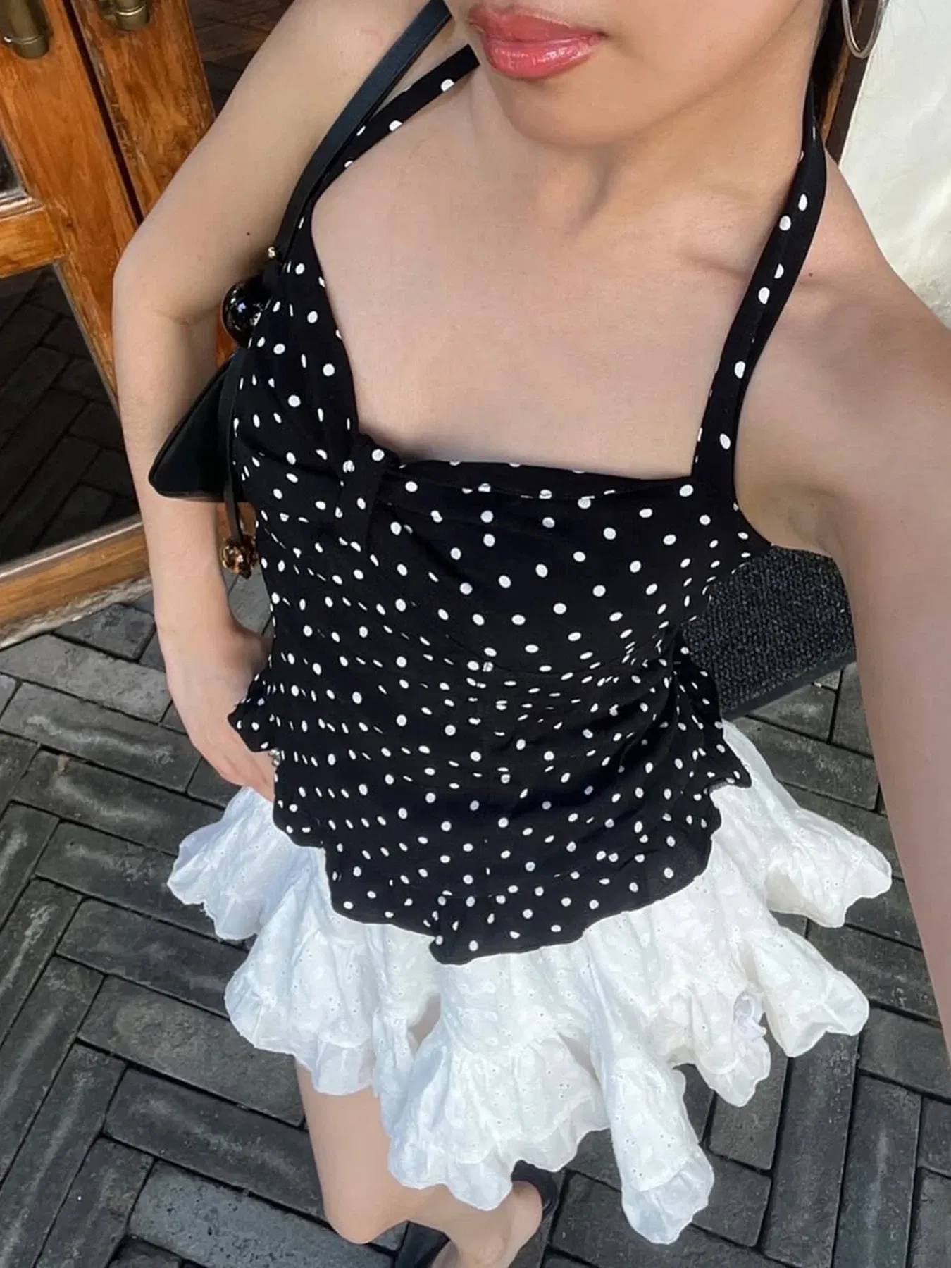 Color: WHITE, Size: L - Causal Cute Polka Dot Print Halter Women Tops Fashion Chic Simple Patchwork Summer New Slim Blouses