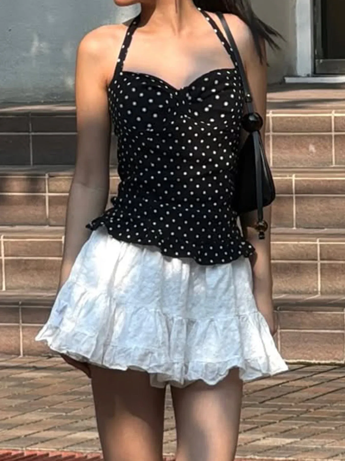 Color: WHITE, Size: L - Causal Cute Polka Dot Print Halter Women Tops Fashion Chic Simple Patchwork Summer New Slim Blouses