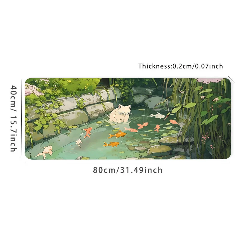 Size: 60x30 cm - Cute Cartoon Cat Fish Mouse Pad Green Large Computer Keyboard Pad Natural Rubber Anti-Slip Pad Perfect Gift for Girlfriend Women