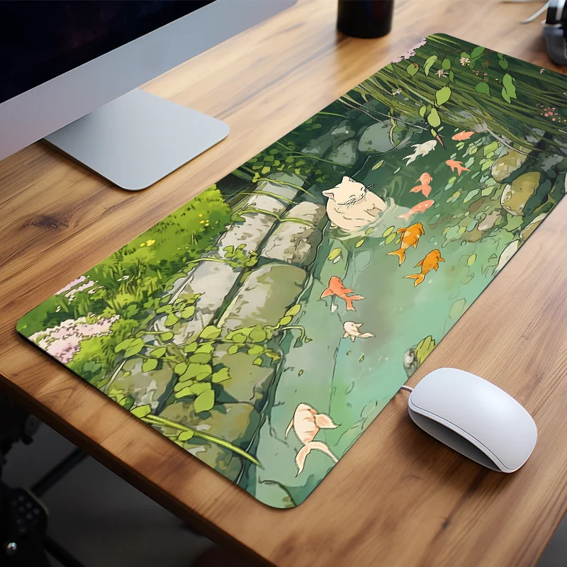 Size: 60x30 cm - Cute Cartoon Cat Fish Mouse Pad Green Large Computer Keyboard Pad Natural Rubber Anti-Slip Pad Perfect Gift for Girlfriend Women