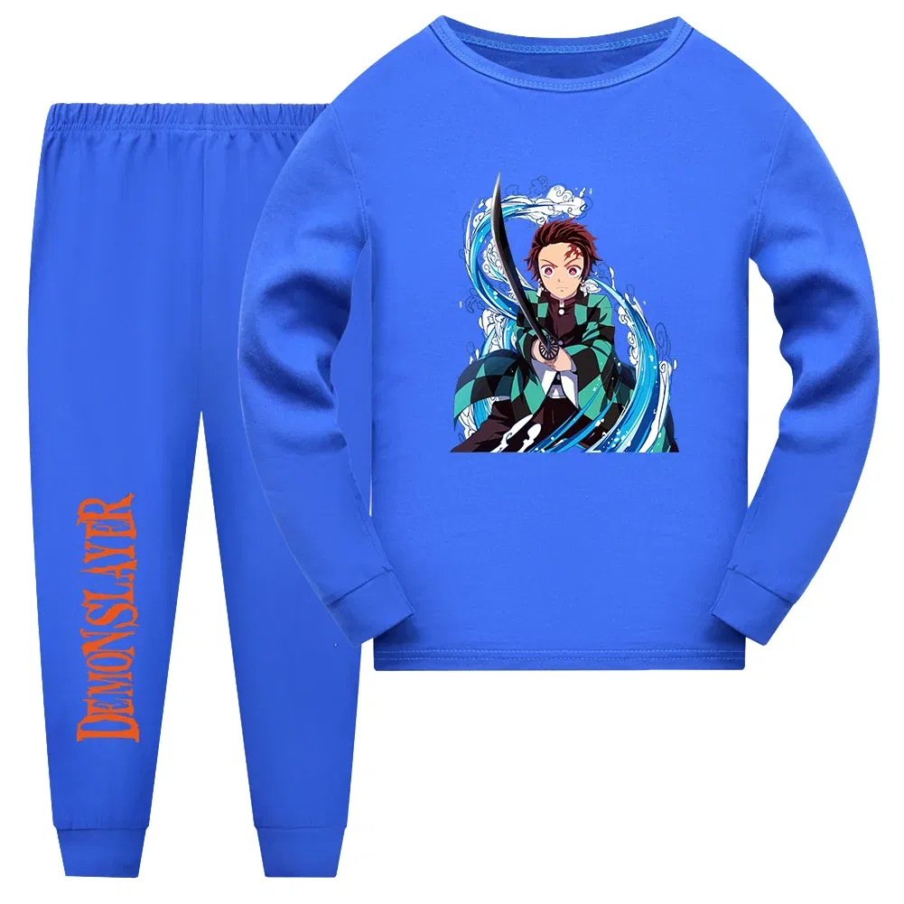 Color: Blue, Kid Size: 16 - Demon Slayer Sleepwear Kamado Tanjirou Kamado Nezuko Agatsuma Zenitsu Children's Homewear Suit Long-sleeve Two-piece Pajamas Set