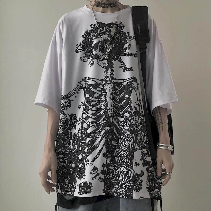 Color: WHITE, Size: M - Men T-shirts 2023 Summer Streetwear High Street Gothic Skull Tshirt Loose Oversized Short-sleeved T shirt Dark Anime Men Y2k Top