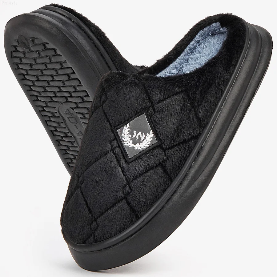 Color: black, Shoe Size: 50-51 - Men's House Slippers Furry Plaid cozy EVA Memory Foam Lightweight Casual Shoes Winter Warm Plush Non-slip Slippers big size