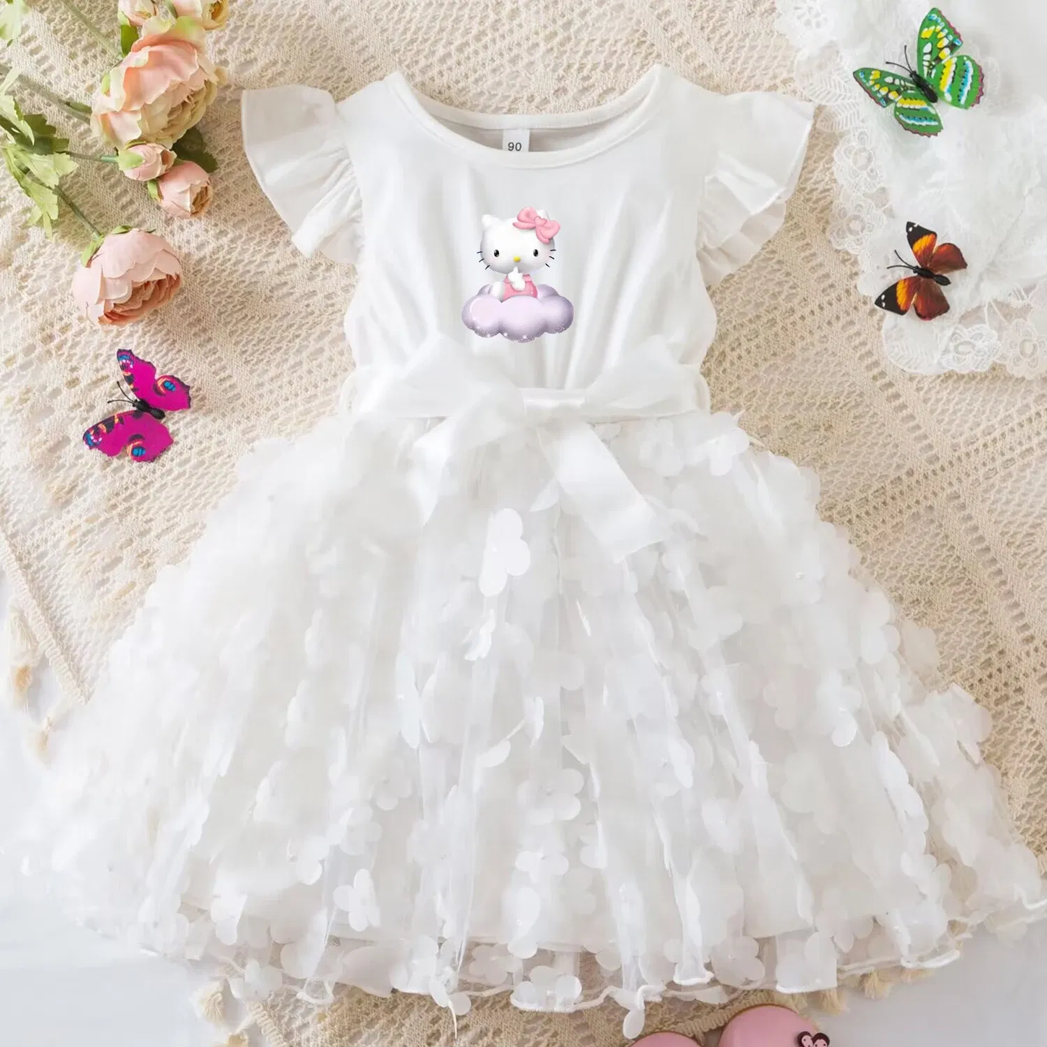 Color: Yellow, Size: XS - Hello Kitty Summer Dress for Kid's Casual Clothes 3D Butterfly Cute Baby Girls Princess Dress Party Dresses 2-6 Yrs