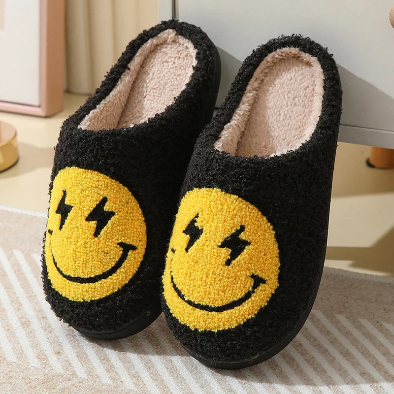 Color: LIGHT BLUE, Shoe Size: 45 - Leopard Print Winter Slippers Women Lightning Smile Face Fluffy Fur Slippers Woman Indoor Anti-slip Furry Couple Cotton Slides