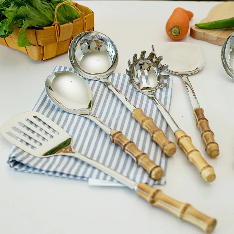 Color: MULTI - Natural bamboo handle stainless steel frying shovel Japanese-style soup spoon Creative new colander shovel kitchen utensils set