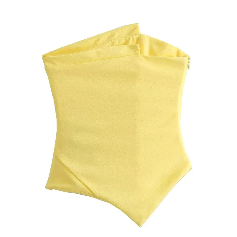 Color: Beige, Size: XS - Asymmetrical Strapless Top Lemon Yellow Women Sleeveless Lady Female Clothes Slim Fit Suspenders Tube Top Off Shoulder