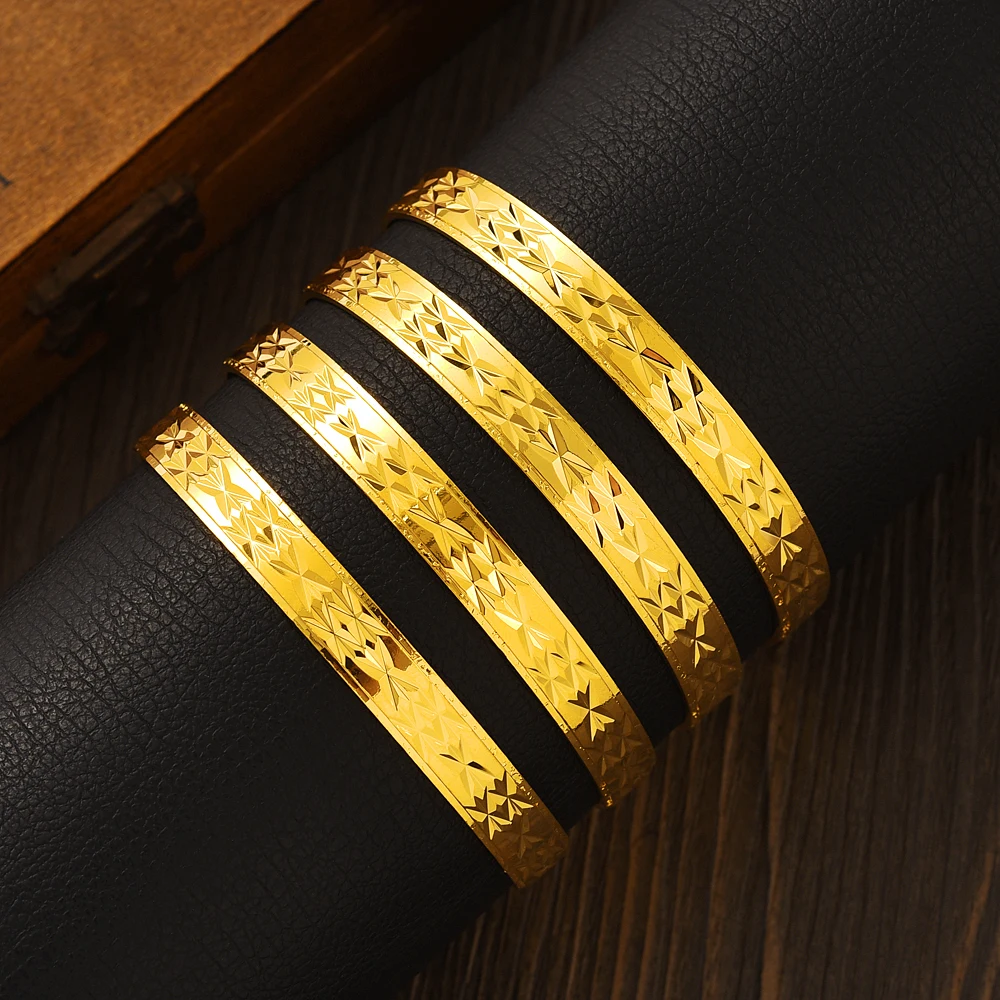 Metal Color: Rhodium Plated - 4PCS Gold Color Width 8mm Different Size Hawaiian Jewelry Polynesian Gold Plated Flower Bangles  Girls Birthday Party Gifts