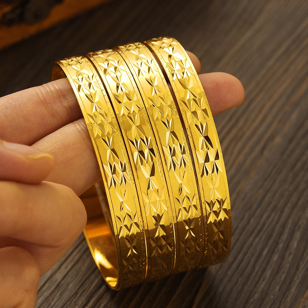 Metal Color: Rhodium Plated - 4PCS Gold Color Width 8mm Different Size Hawaiian Jewelry Polynesian Gold Plated Flower Bangles  Girls Birthday Party Gifts