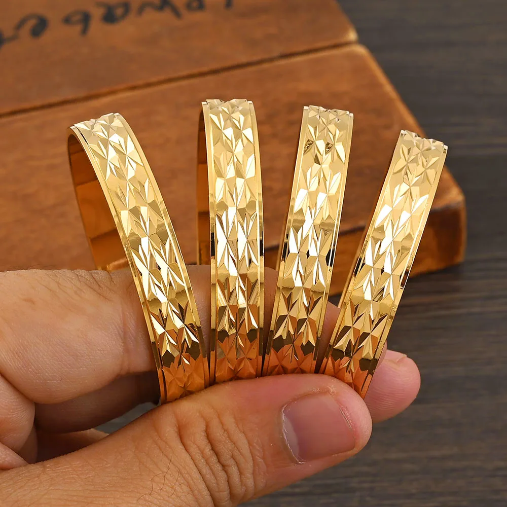Metal Color: Rhodium Plated - 4PCS Gold Color Width 8mm Different Size Hawaiian Jewelry Polynesian Gold Plated Flower Bangles  Girls Birthday Party Gifts