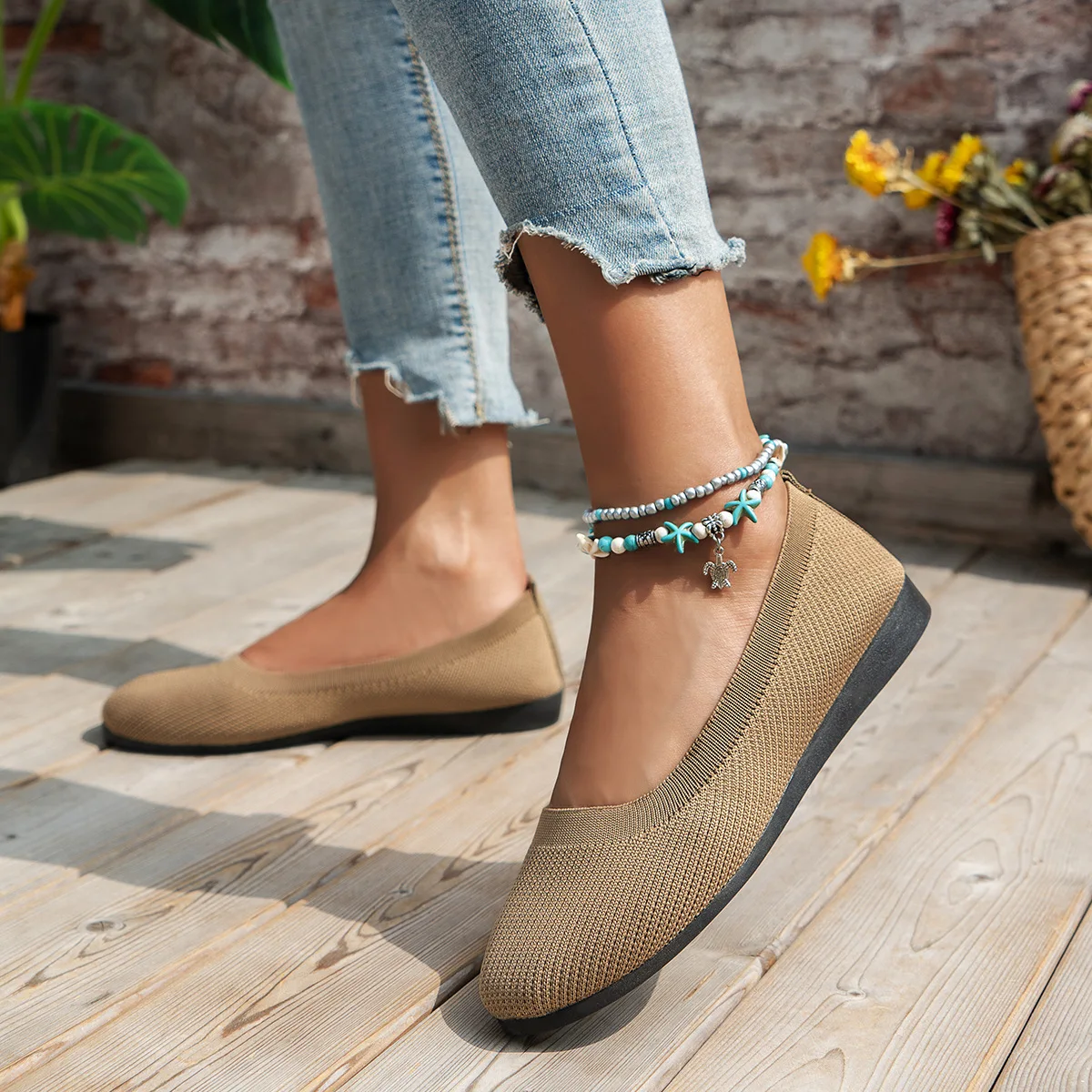 Color: Khaki, Shoe Size: 36 - Elastic Knitting Flats Slip on Shoes for Women 2024 Summer Breathable Soft Loafers Woman Lightweight Casual Shoes Mom Moccasins