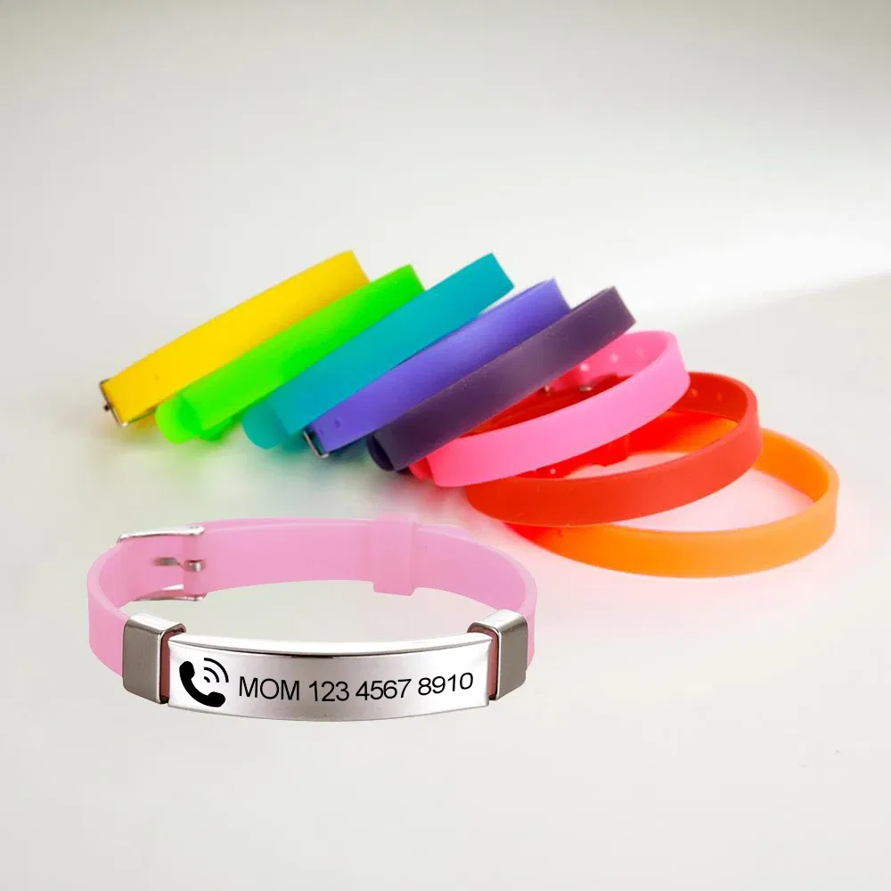 Metal Color: Dark green, Length: 17cm - Personalized ID Bracelet Kids Children Adjustable Soft Silicone Stainless Steel Pendant Emergency Name Phone Custom Bracelets