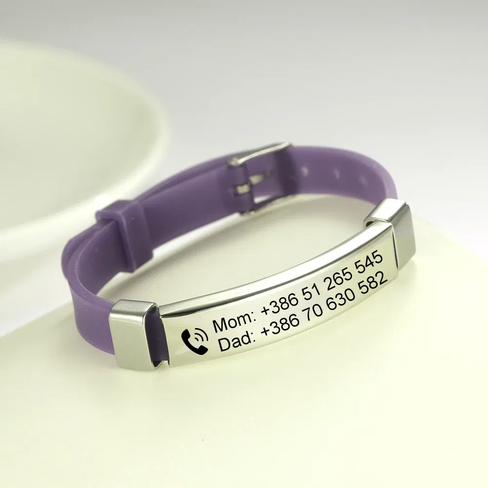 Metal Color: Dark green, Length: 17cm - Personalized ID Bracelet Kids Children Adjustable Soft Silicone Stainless Steel Pendant Emergency Name Phone Custom Bracelets
