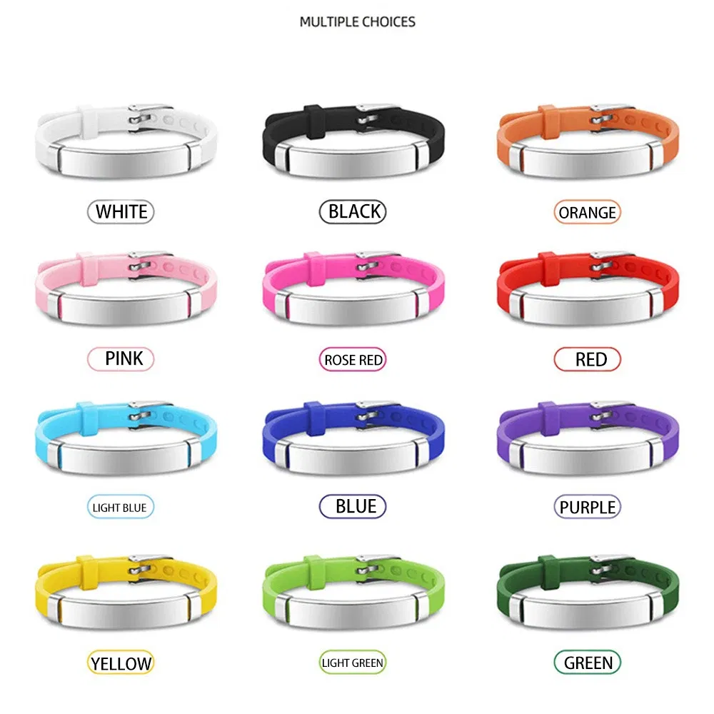 Metal Color: Dark green, Length: 17cm - Personalized ID Bracelet Kids Children Adjustable Soft Silicone Stainless Steel Pendant Emergency Name Phone Custom Bracelets