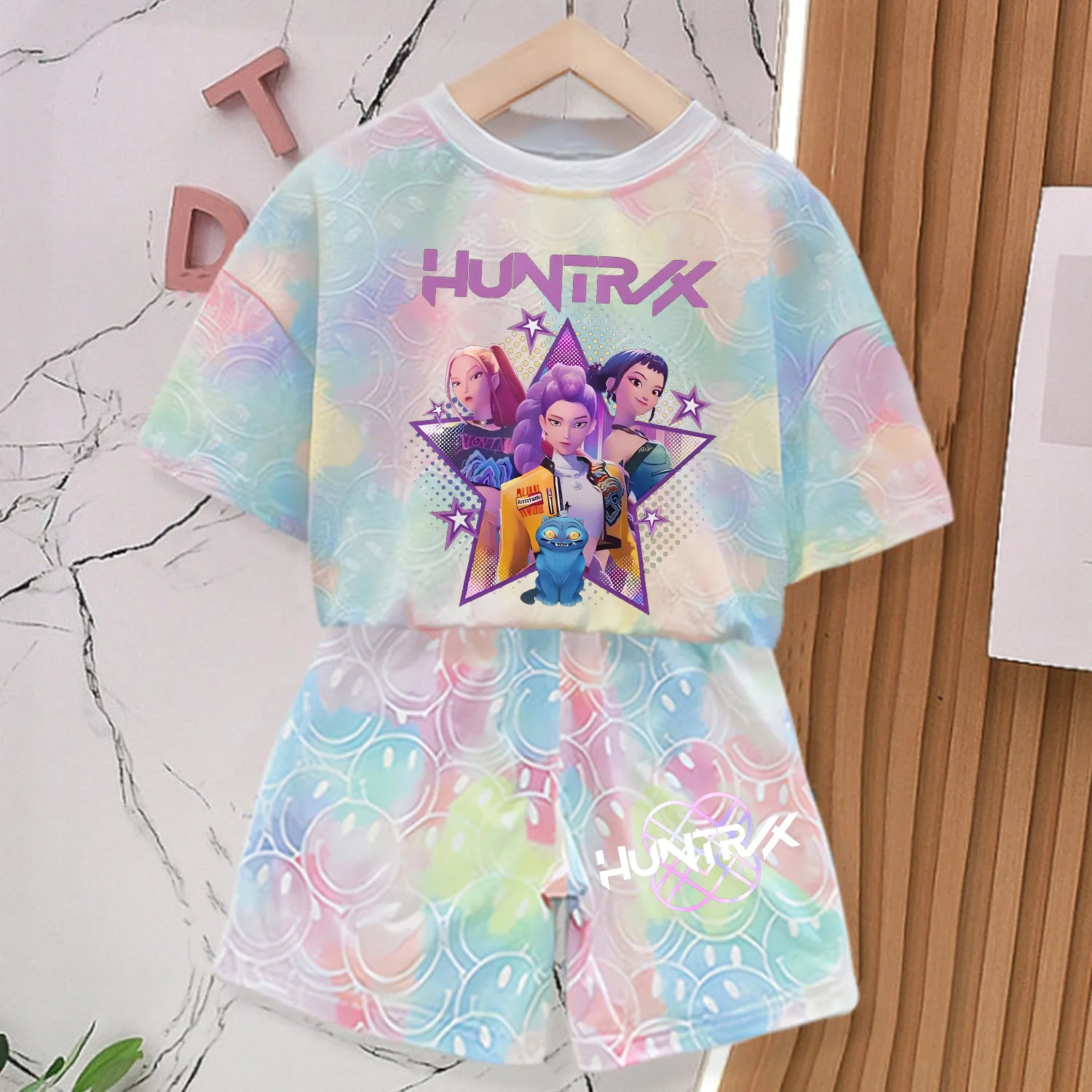 Color: WHITE, Size: S - KPop Demon Hunters New T-shirt Pants Set Girls Summer Clothing Kawaii Smile Face Short Sleeve Outfits Kids Tee Top Pajamas Gift