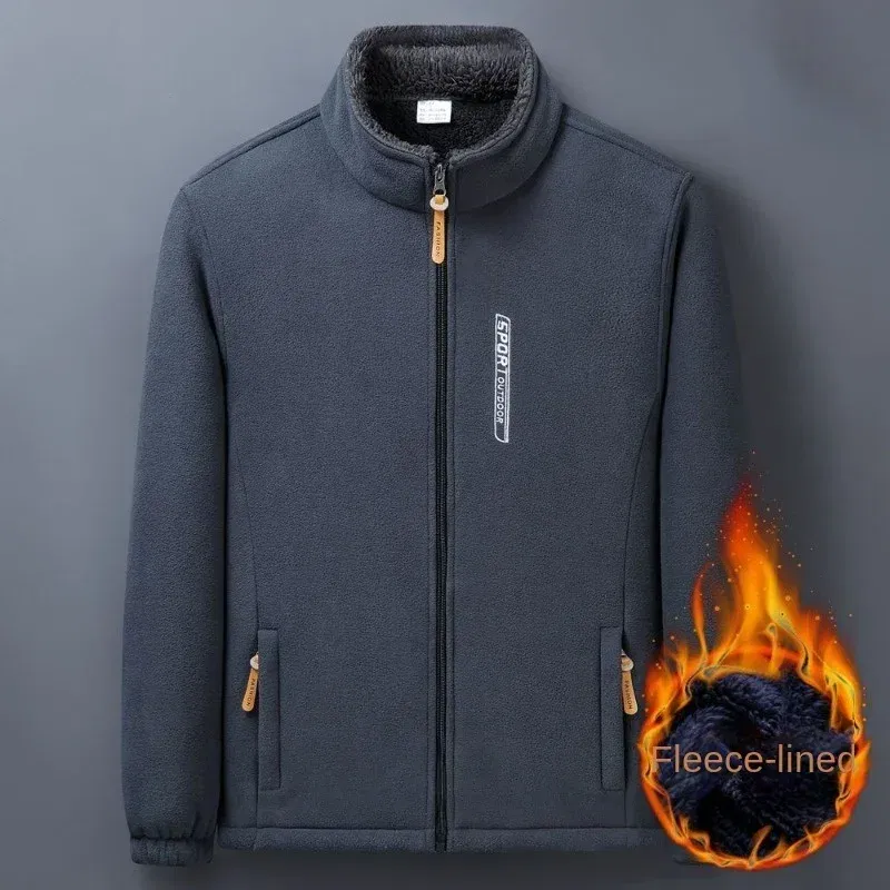 Color: Blue, Size: XXL - Winter Men Outdoor Fleece Jacket Casual Polar Fleece Cold-Proof Thickened Coat Lightweight Windproof Zipper Cardigan Warm Jacket