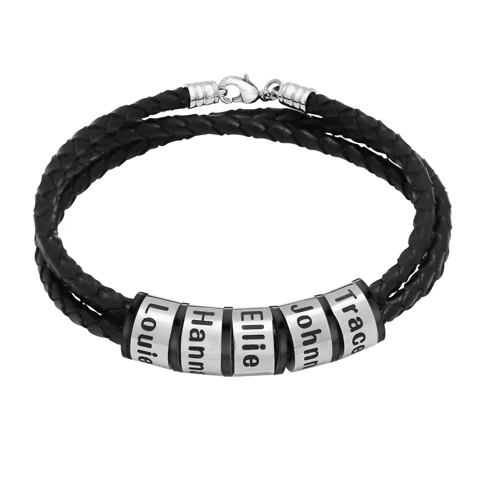Metal Color: Rhodium Plated, Length: 17cm, Main Stone Color: black - Personalized Names Men Leather Bracelet Braided Leather Bracelet Custom Family Names Bracelet Personalized Men Bracelet Gift