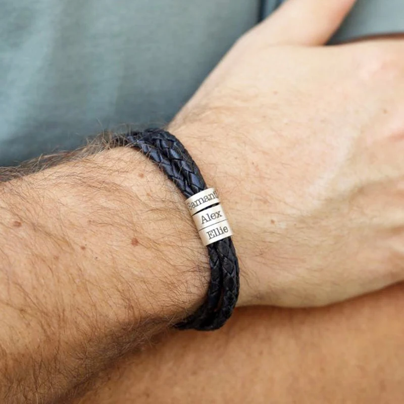 Metal Color: Rhodium Plated, Length: 17cm, Main Stone Color: black - Personalized Names Men Leather Bracelet Braided Leather Bracelet Custom Family Names Bracelet Personalized Men Bracelet Gift