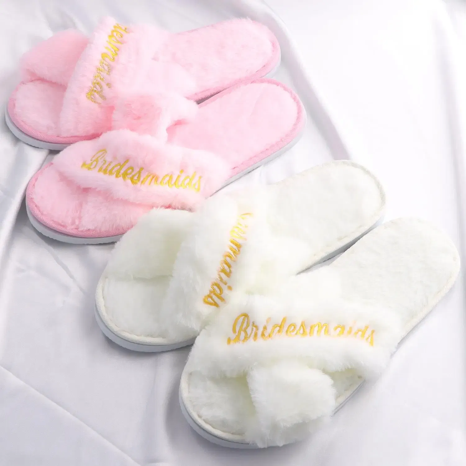 Color: Straw, Shoe Size: One Size - Personalized Wedding Name Slipper Bridal Party Fluffy Slippers Warm Soft Ladies Home Shoes Bridesmaids Gifts