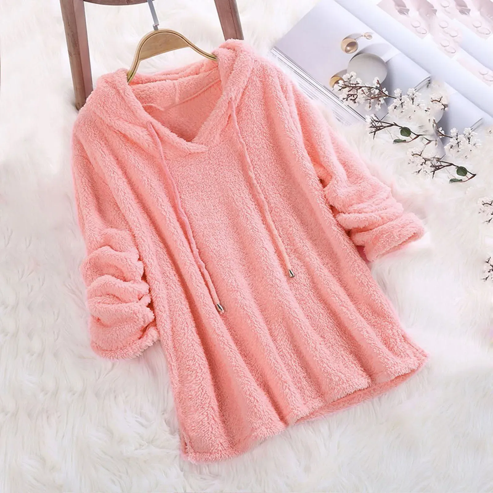 Color: Watermelon red, Size: S, Ships From: CN - Women's Winter Casual Solid Color Plush Hooded Long Sleeve Pullover Thick Warm Fluffy Sweatshirts Blouse Oversized Loose Tops