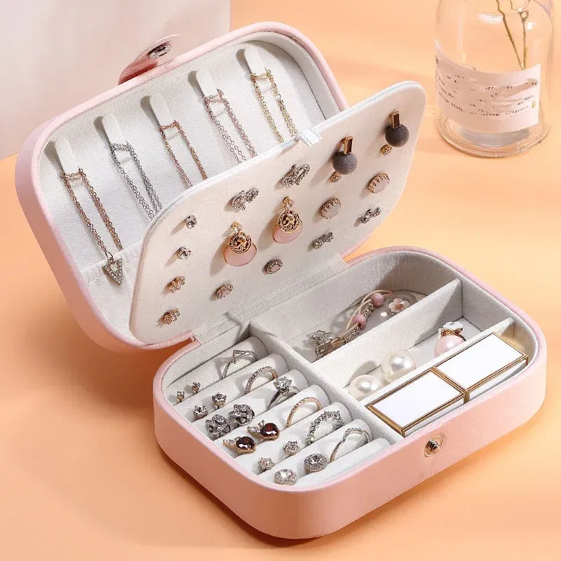 Color: Blue - 2023 Portable Jewelry Box Jewelry Organizer Display Travel Jewelry Case Boxes Button Leather Storage Zipper Jewelers Joyero