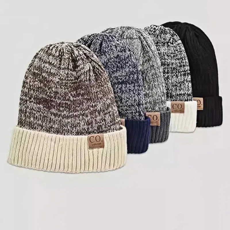 Color: WHITE, Size: XS - New Unisex Two-Tone Winter Hats Add Fur Lined Men And Women Fashion Warm Beanie Cap Casual Winter Knitted Hats