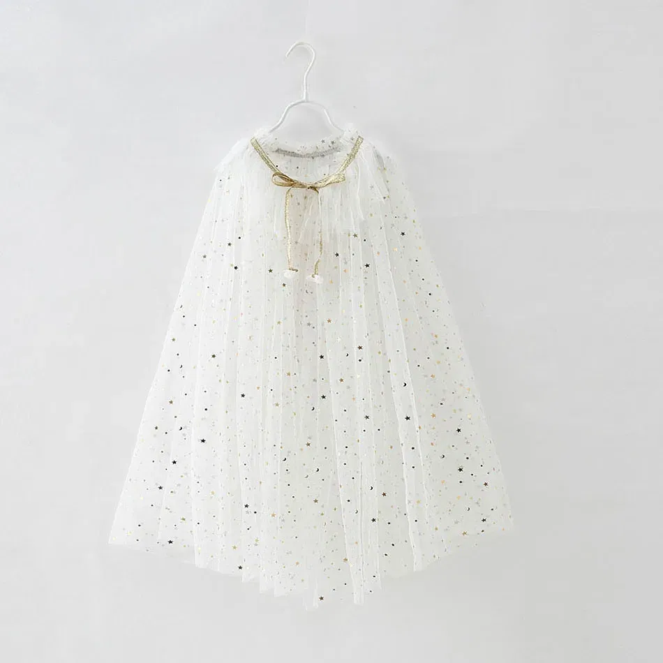 Color: WHITE, Kid Size: 8T - Little Girls Sequins Tulle Cape Children Princess Party Dress Up Cloaks Summer Thin Blue Pink White Halloween Birthday Costumes