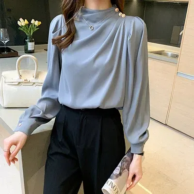 Color: SKY BLUE, Size: M, Ships From: CHINA - Spring Autumn Elegant Office Women Shirt Mujer Chic Satin Formal Lantern Sleeve Blouse Tops Loose Pullover Jumper Street Clothes
